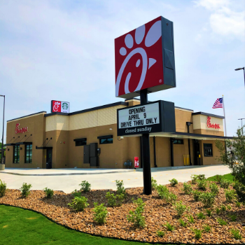 Front exterior picture of Chick-fil-A with sign